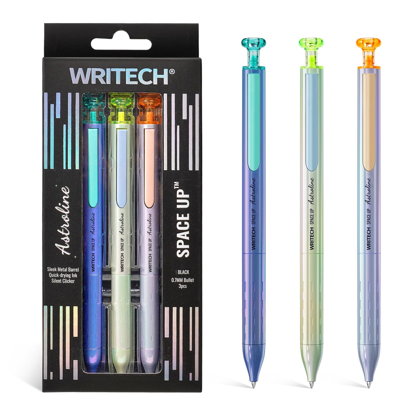 WRITECH Gel Pens Black Ink: Sleek Metal Barrel Pen Fine Point 0.7mm Retractable 3ct No Smear Quick Dry Smooth Writing Silent Clicker Space Up