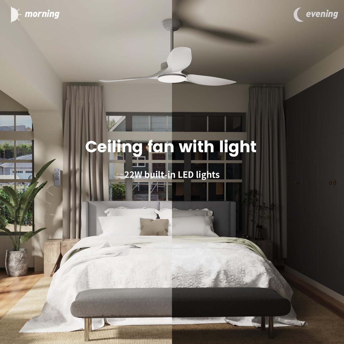Wozzio 52 Inch Ceiling Fans with Lights Remote Control,White Sloped Mount Ceiling Fan 22W Dimmable LED Light,3 Reversible Blades,DC Motor 6 Speed