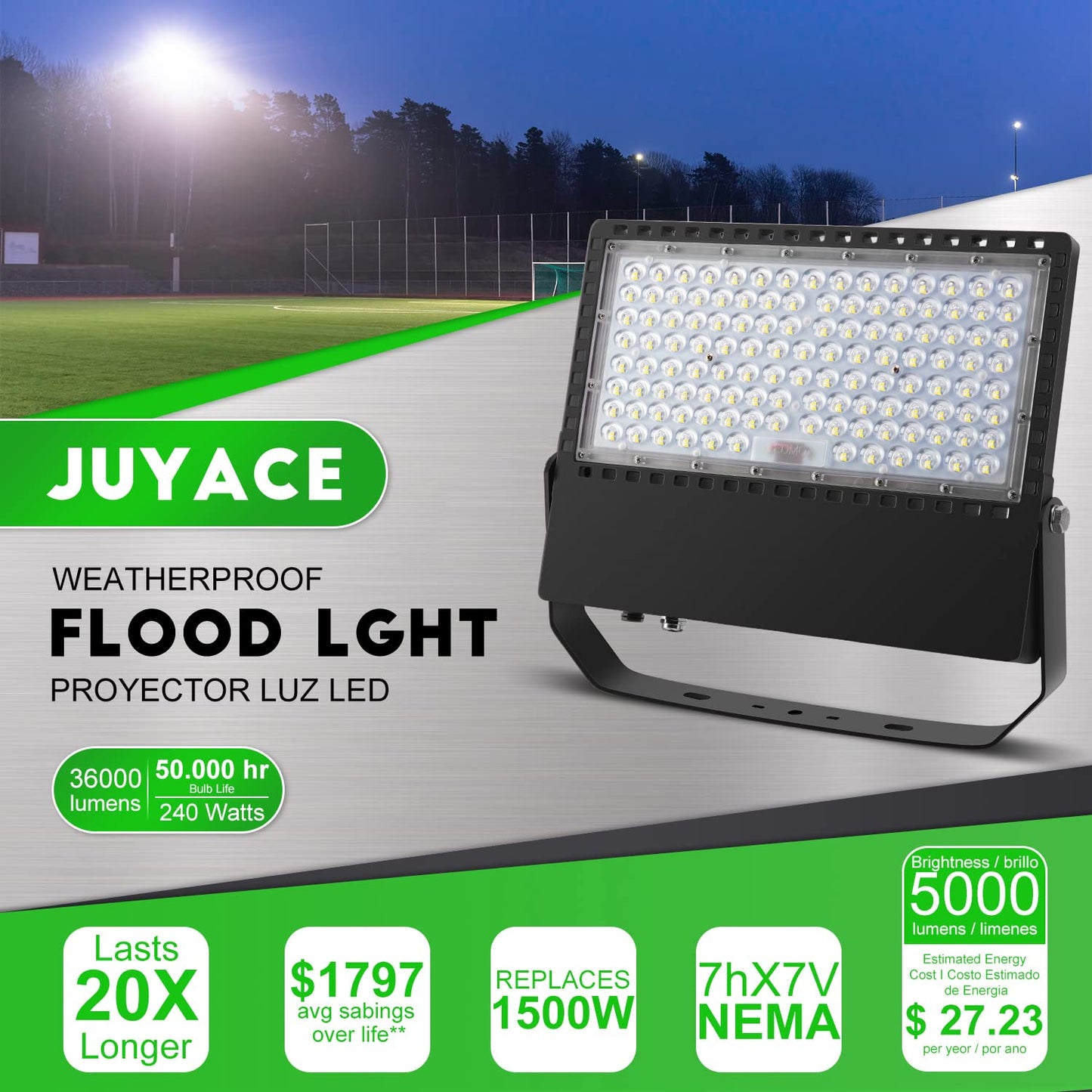 Juyace Led Stadium Flood Light Outdoor 36000Lm 1500W Equivalent Super Bright Commercial Area Lighting 100-277V 5000K Daylight IP65 Waterproof Arena