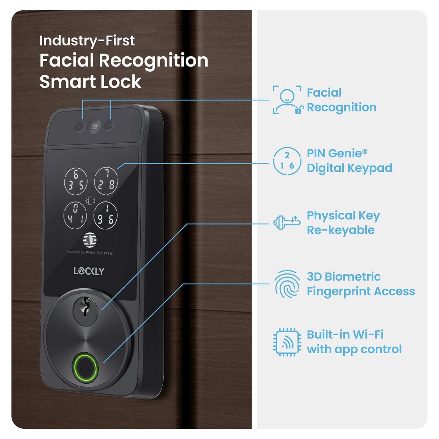 Lockly Visage Zeno Series Smart Lock, Facial Recognition & Fingerprint Keyless Entry Door Lock, Built-in Wi-Fi Deadbolt with Apple Home Key, PIN Genie
