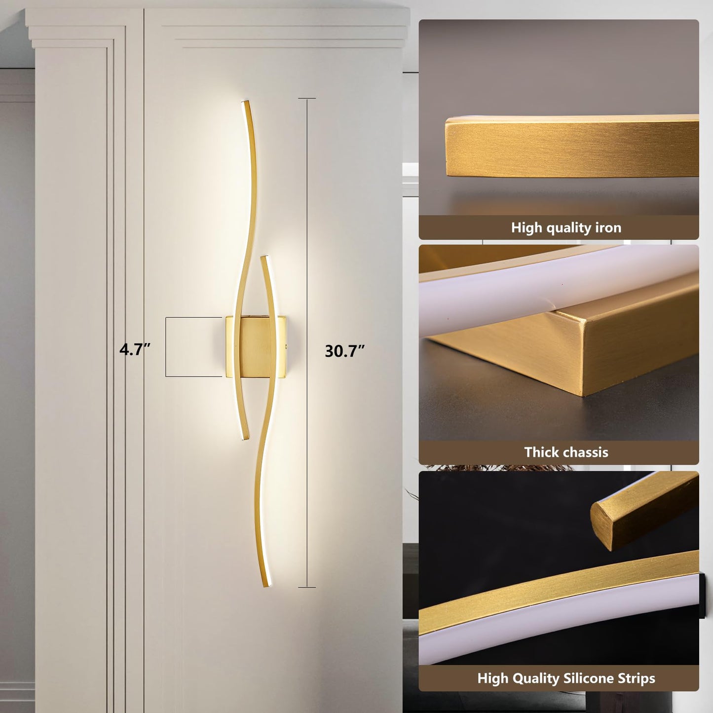 Fang Yan Mei Modern Wall Sconces, Gold Wall Light Fixtures for Bedroom,3000K-6000K LED Wall Light for Living Room, Hallway, Bedroom