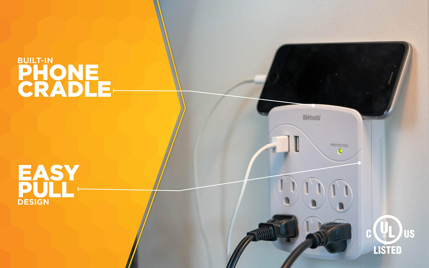 Woods 41079 Surge Protector with 6 Outlets and 2 USB Type A Ports with 1000J of Protection; White