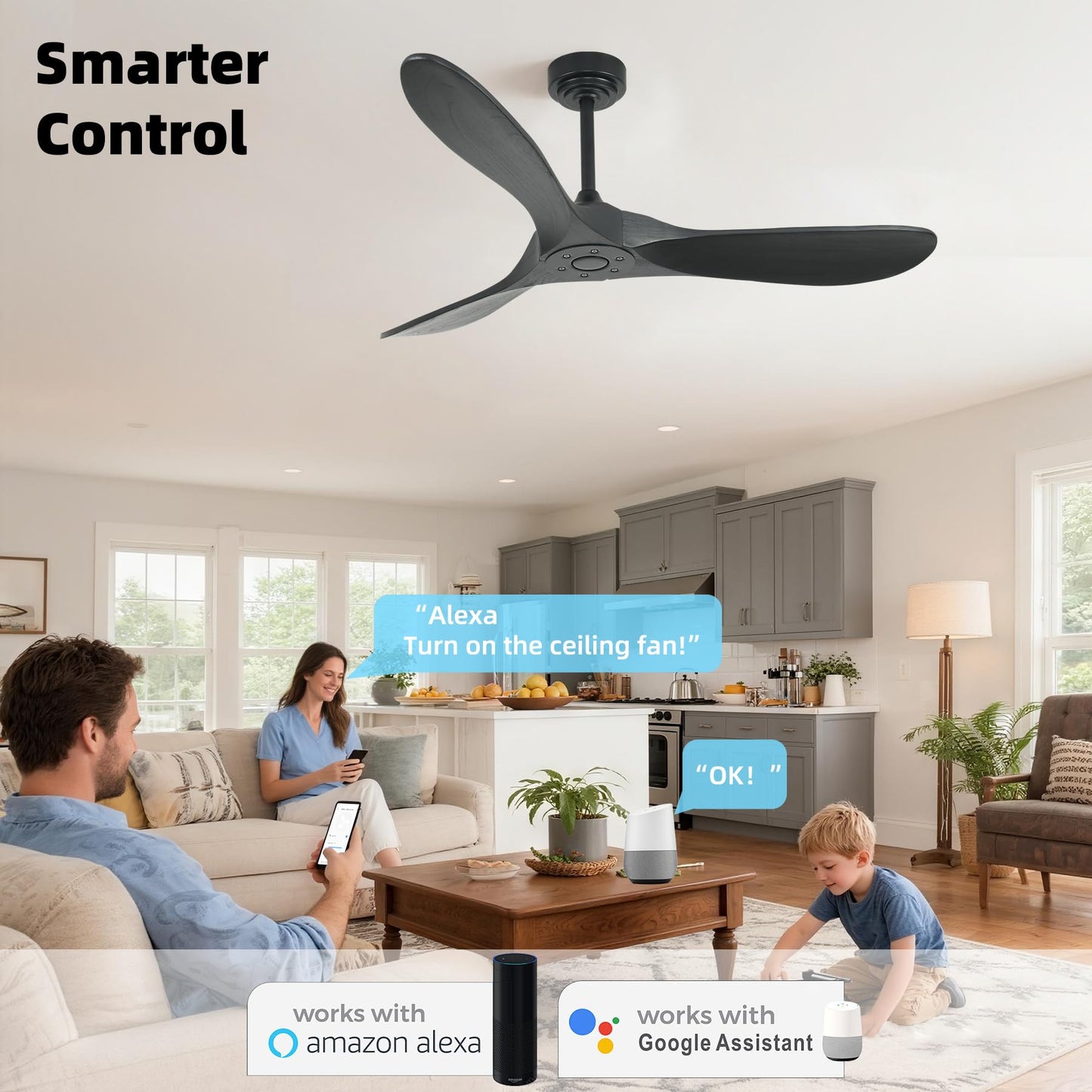 Homlit Smart Ceiling Fan no Light, 52 Inch Outdoor Ceiling Fan Without Light, Compatible with Alexa/Google/App, 3 Solid Wood Blades, Modern Wood Fan