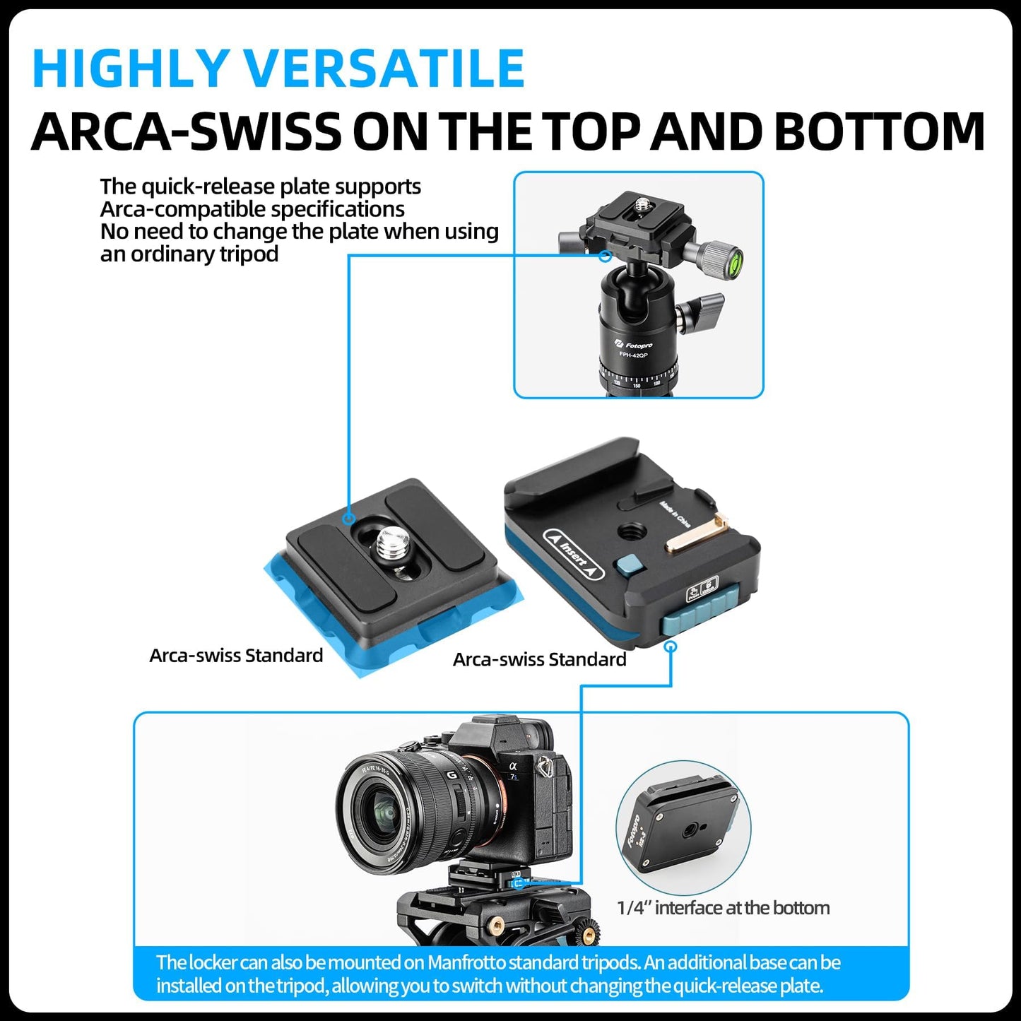 Fotopro RZ-3 Quick Release Camera Mount, Quick Setup Kit with 1/4 Screw, Adapter for DSLR/Mirrorless Camera Tripod Stabilizer Handheld Gimbal Monopod
