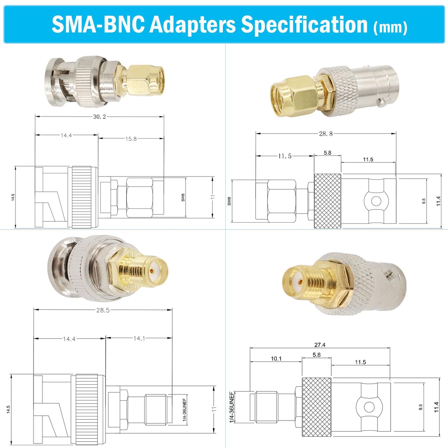 exgoofit SMA to BNC Kits Male Female Adapter 4-Pack Coax Coaxial Connector SMA Male Female to BNC Male Female