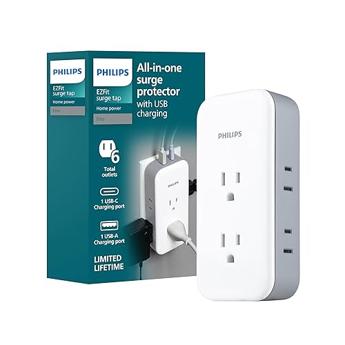 Philips All-in-One Surge Tap with USB, 2 Grounded & 4 Polarized Outlets, 1 USB-C & 1 USB-A Port (15W Shared), 490 Joules, ETL Certified, White/Gray