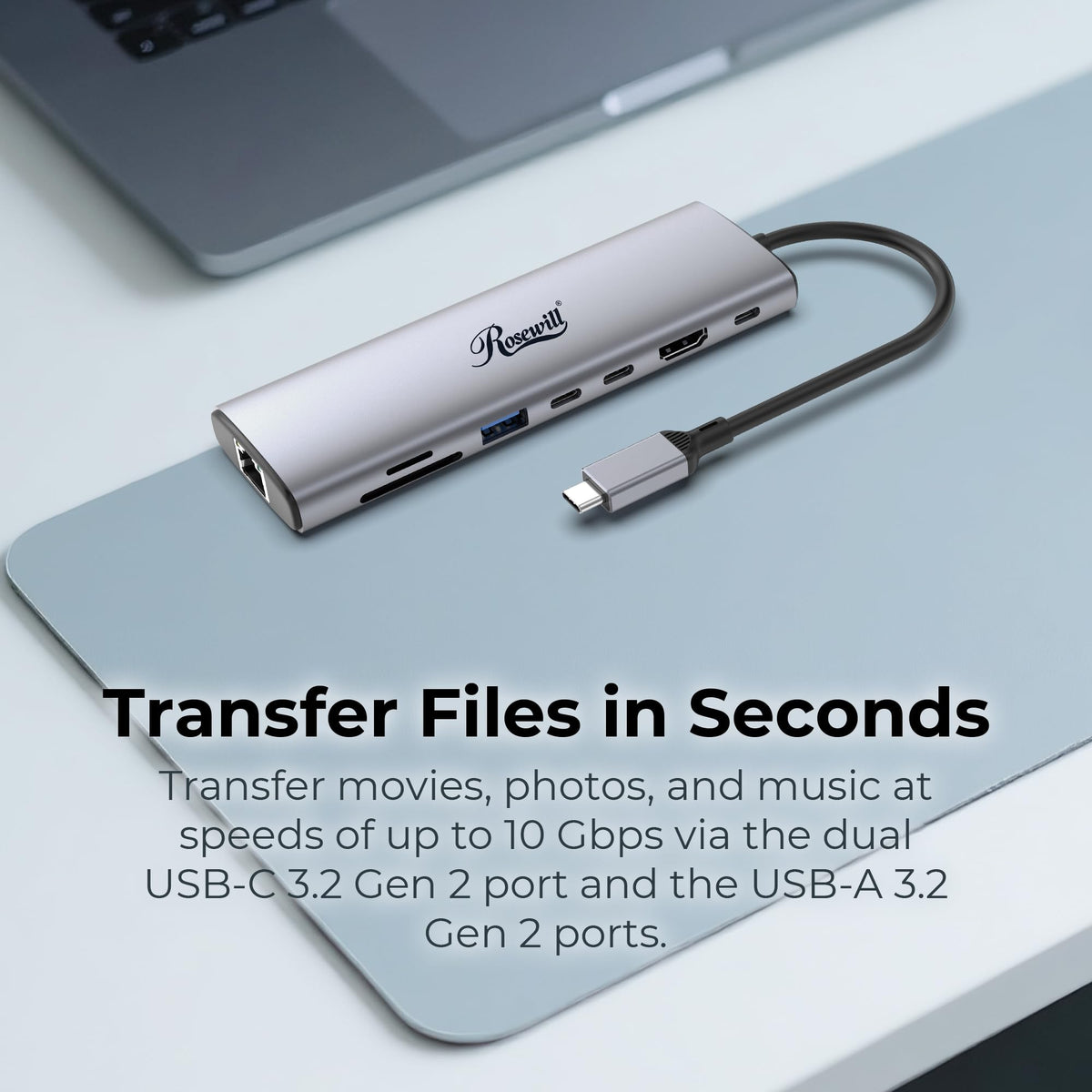 Rosewill 8-in-1 USB-C Hub with 4K HDMI 2.0, 10Gbps USB-A Ports for MacBook, Dell XPS, ThinkPad, HP Laptops - RHUB-M8