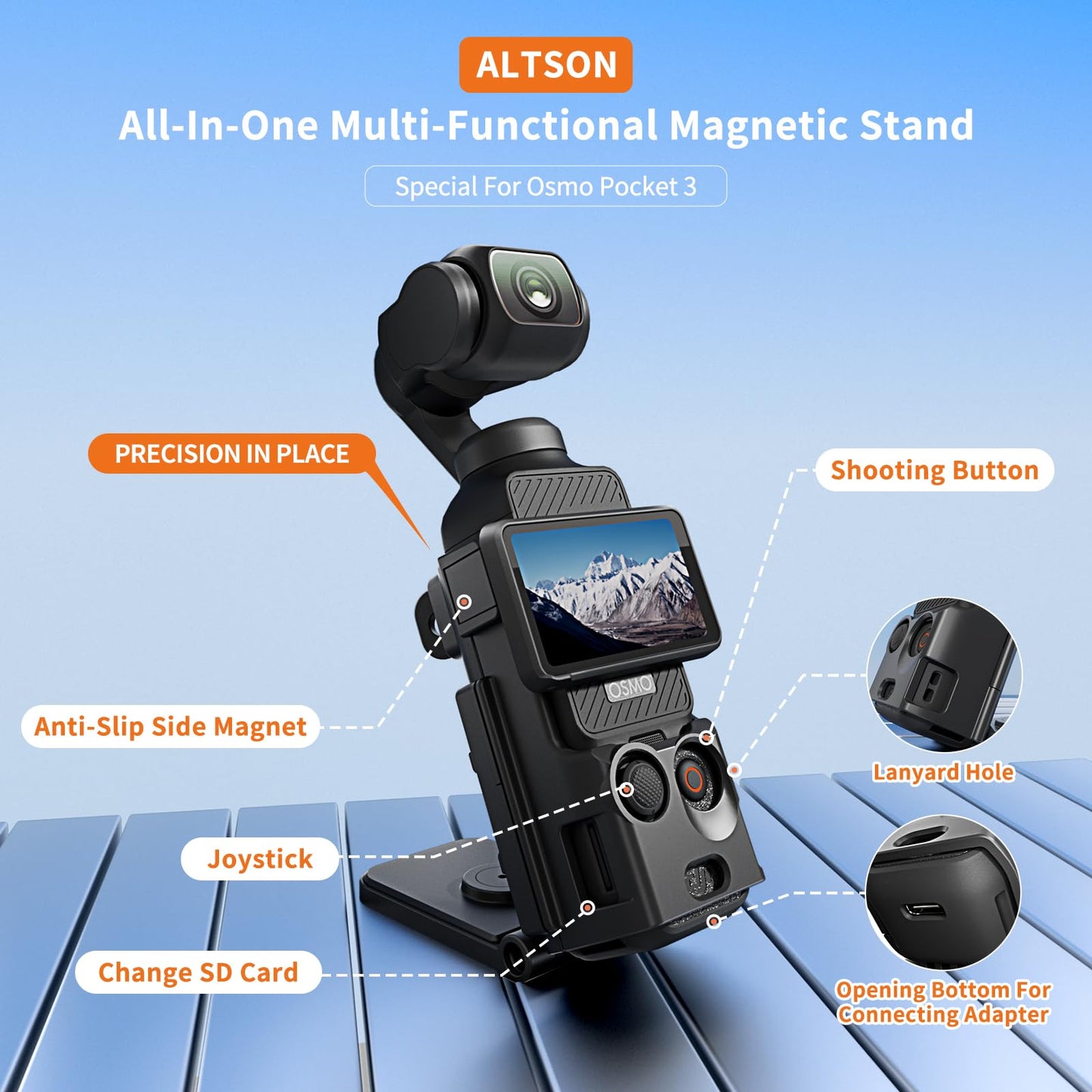 ALTSON Magnetic Mount Stand for DJI Osmo Pocket 3, DJI Osmo Pocket 3 Accessories-Multifunction Expansion Adapter 180° Adjustable Magnet Base, 1/4"