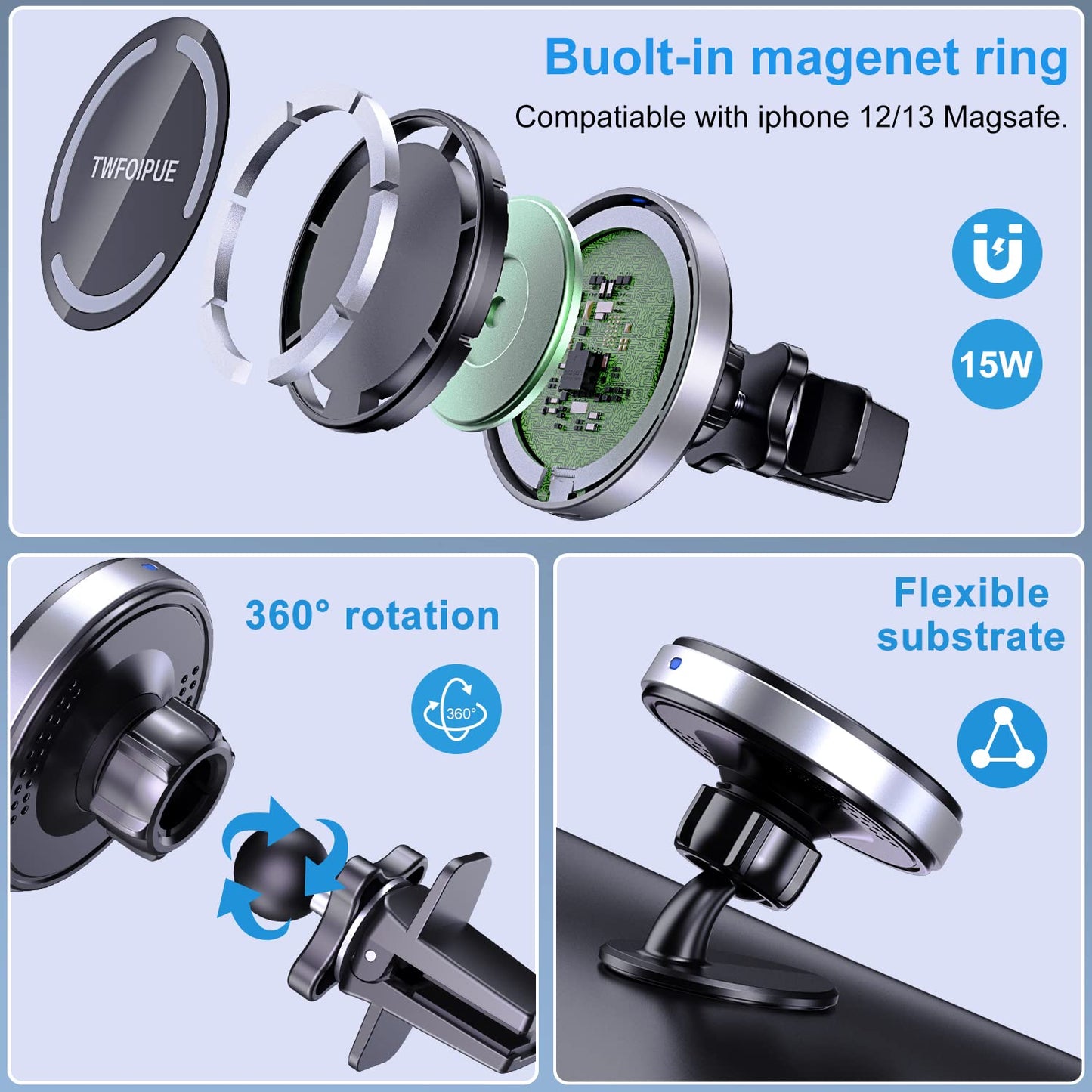 Magnetic Wireless Car Charger Mount Compatible with Magsafe iPhone14 /iPhone 13/ iPhone 12/12 Mini/12 Pro/12 Pro Max, 15W Fast Charging Air Vent