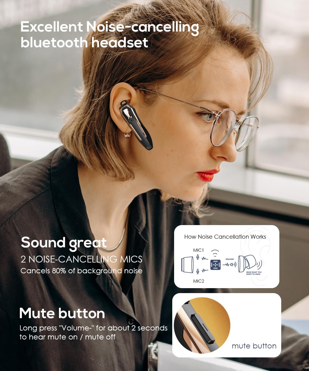 Single Ear Bluetooth Headset V5.4 Noise Canceling Microphone, Bluetooth Earpiece, 36Hrs Talk Time, Hands-Free Wireless Headset