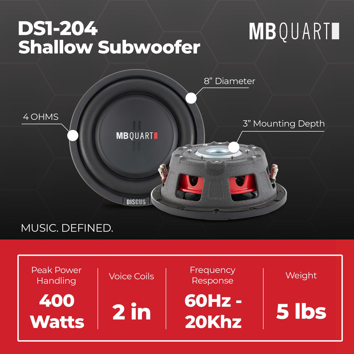 MB Quart Discus 8 Inch 400W Shallow Mount 4 Ohm DVC Car Subwoofer