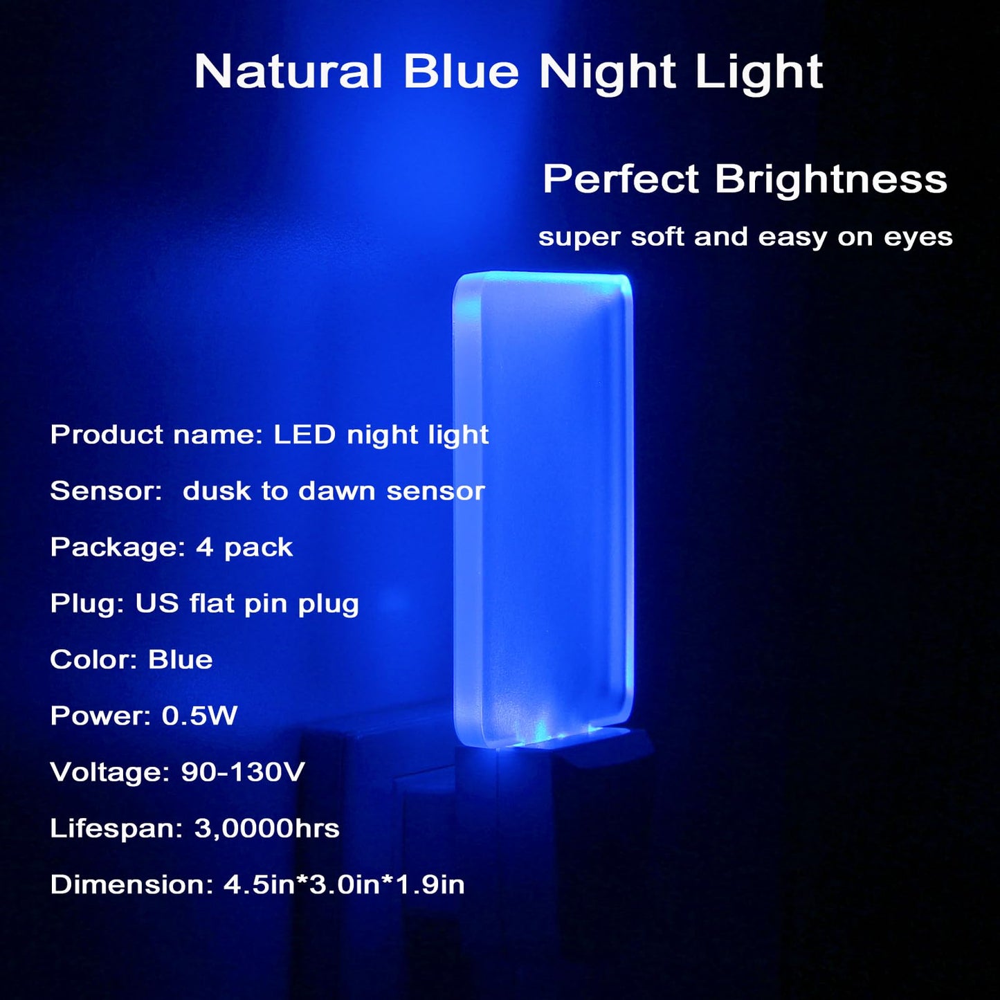 U4GLORY Blue Led Night Light Plug in - 4 Pack Dusk to Dawn Blue Night Light Auto ON Off 0.5W Suitable for Bathroom Hallway Nursery Bedroom Stairs