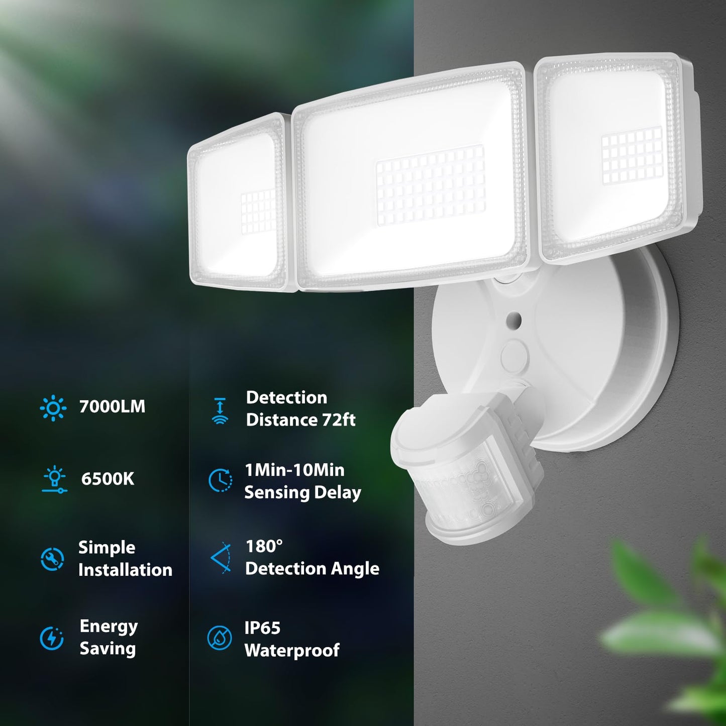 Onforu 75W LED Flood Light Motion Sensor Outdoor, 7000lm Dusk to Dawn Flood Light, Security Light with Three Head, IP65 Waterproof Exterior