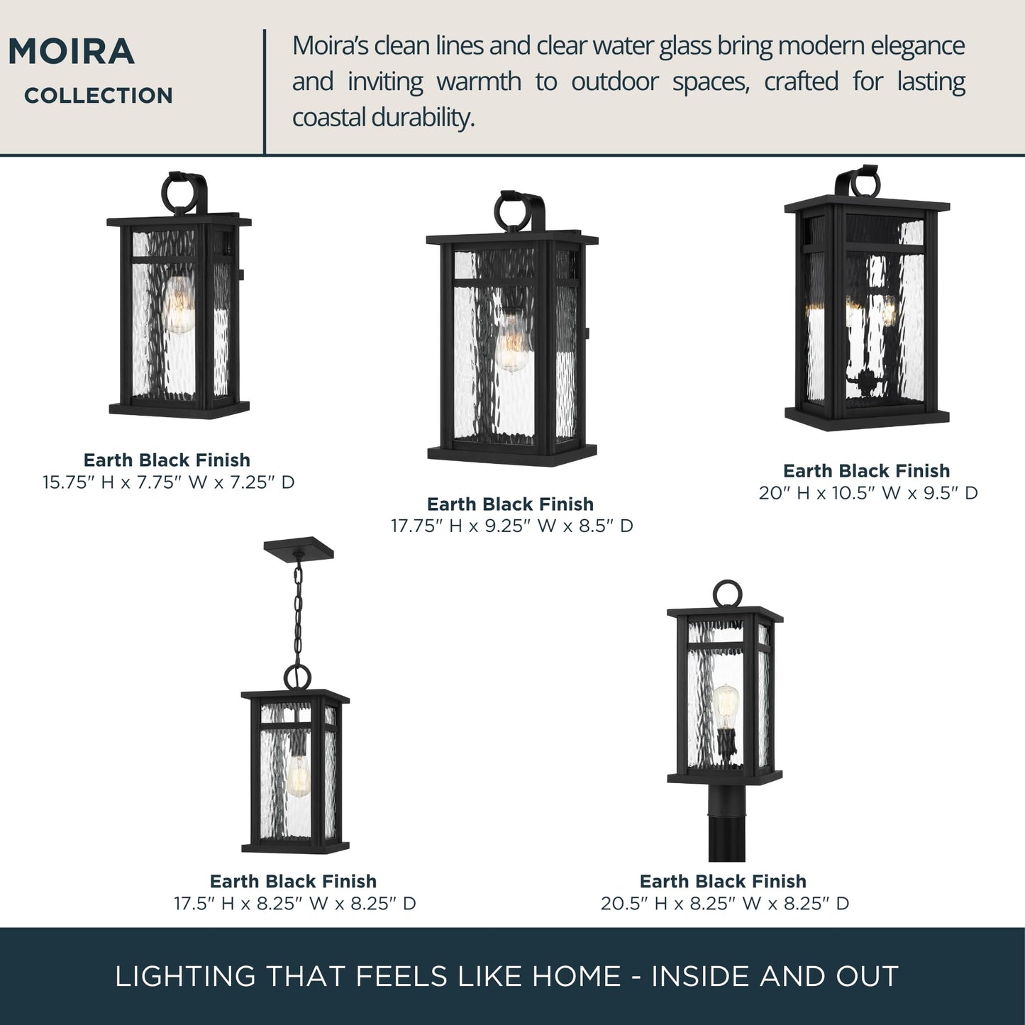 Quoizel Moira 15.75" Outdoor Wall Sconce, Earth Black with Clear Glass, Marine-Grade ETL Wet Rated