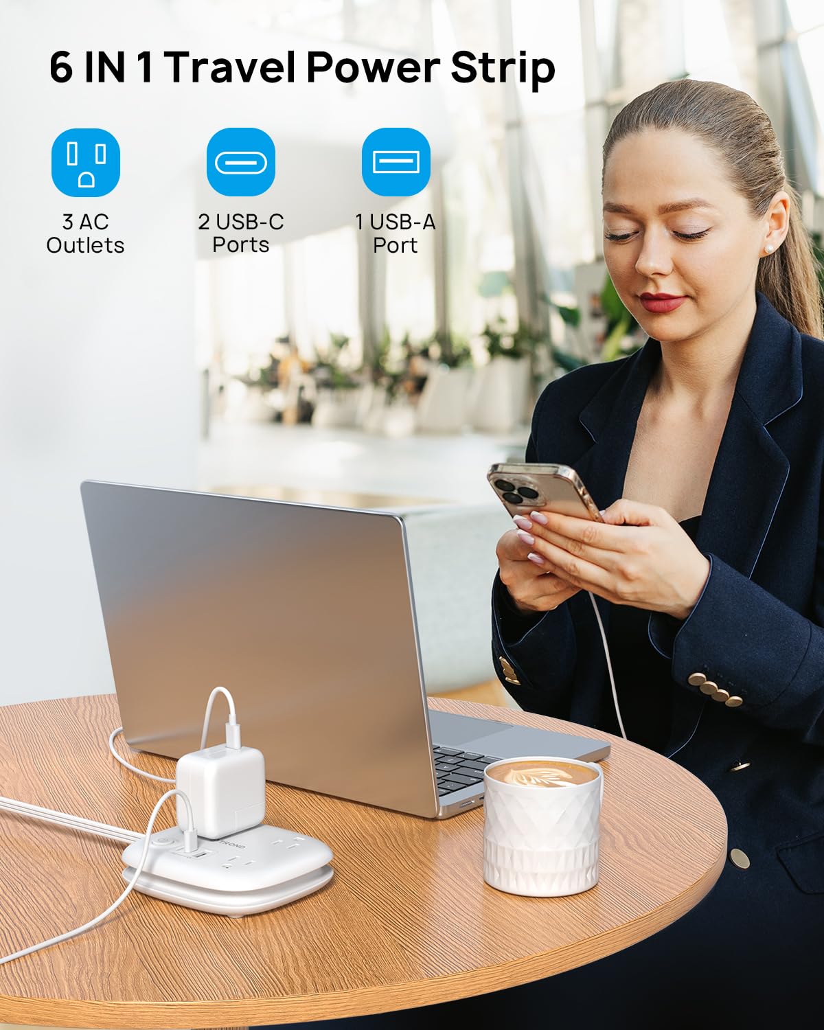 TROND Travel Power Strip with PD 20W USB C, Extension Cord with 3 Widely Spaced Outlets and Fast Charging USB, 2.6FT Wrapped Around Power Strip