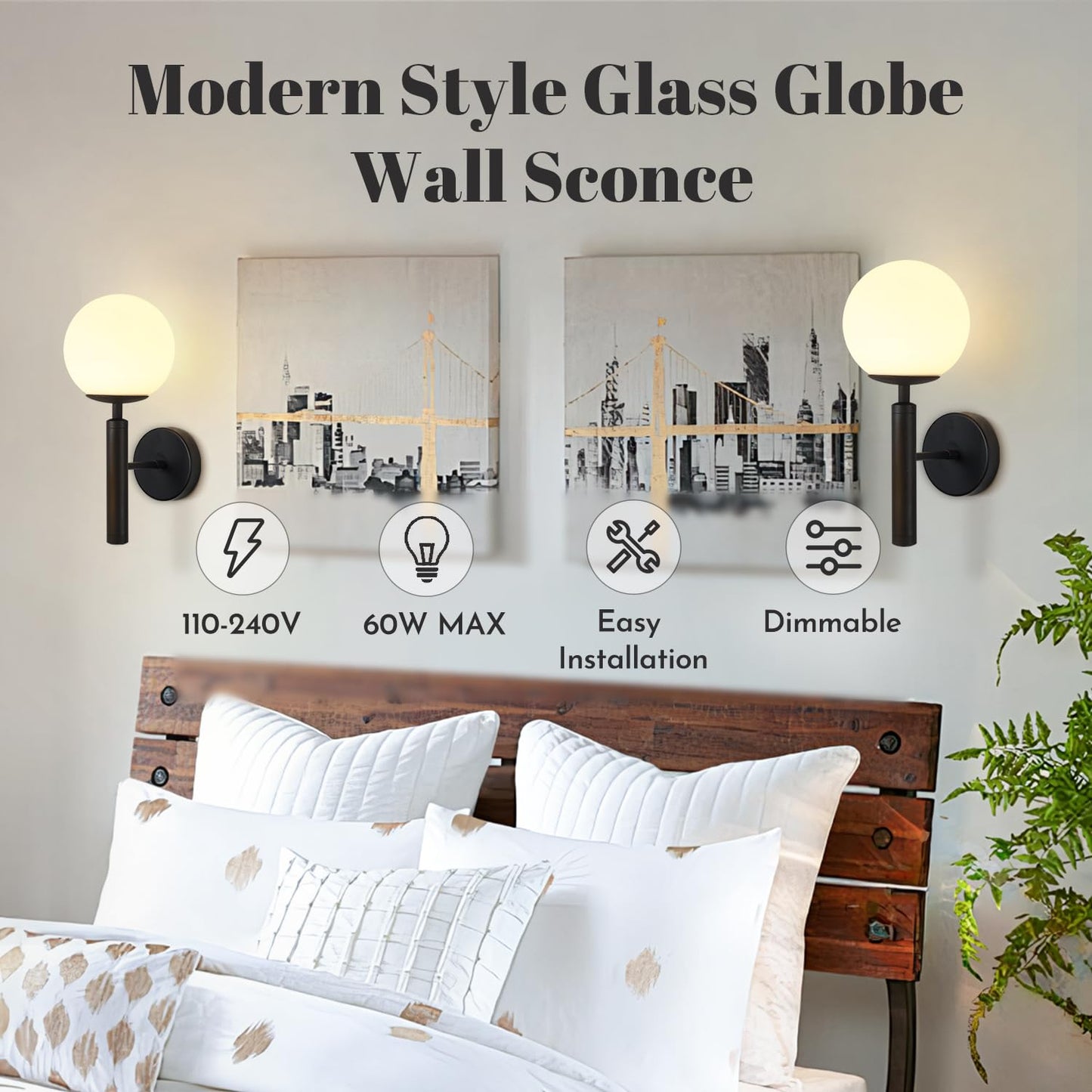 KCO Lighting Black Mid Century Modern Wall Sconce Vintage White Milk Glass Wall Sconce Globe Wall Light Bathroom Wall Light Fixture Bedroom Wall