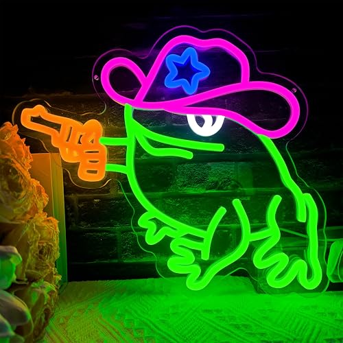 Cowboy frog neon sign, dimmable frog neon LED light funny neon sign for wall decoration, suitable for playroom decoration, party decoration, baby