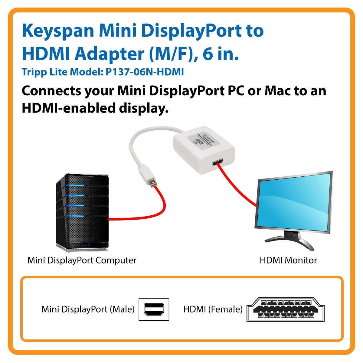 Tripp Lite Keyspan Mini DisplayPort to HDMI Cable Adapter, MDP to HDMI (M/F), MDP2HDMI, 1080p, 6-in. (P137-06N-HDMI)
