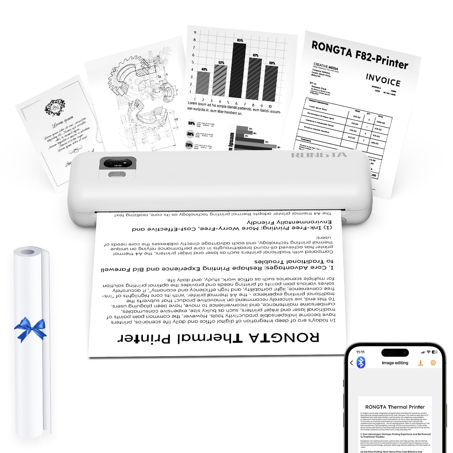 Rongta Portable Printers Wireless for Travel,Thermal Inkless Printer for School/Office/Home Use, Support 8.5x11 US Letter&A4 Thermal Paper, Compatible