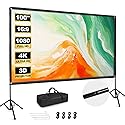 Projector Screen with Stand, 100 inch Portable Projector Screen Stand with Elastic Rope Bar, Outdoor Indoor 16:9 4K HD Wrinkle-Free Front Rear