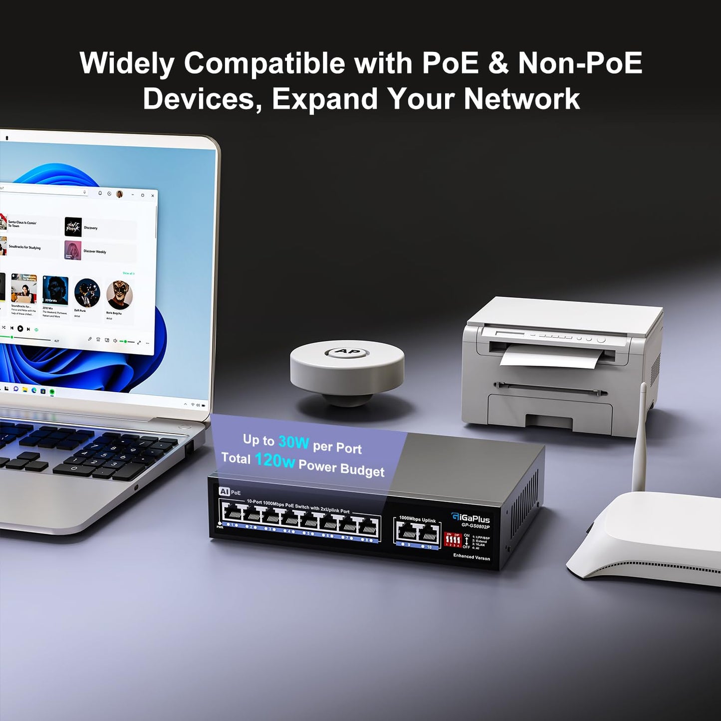 10 Port Gigabit PoE Switch with 8 Port PoE+ 1000Mbps, 2x1000Mbps Uplink, GiGaPlus 10 Port IEEE802.3af/at PoE @72W, Support VLAN, AI watchdog, Metal