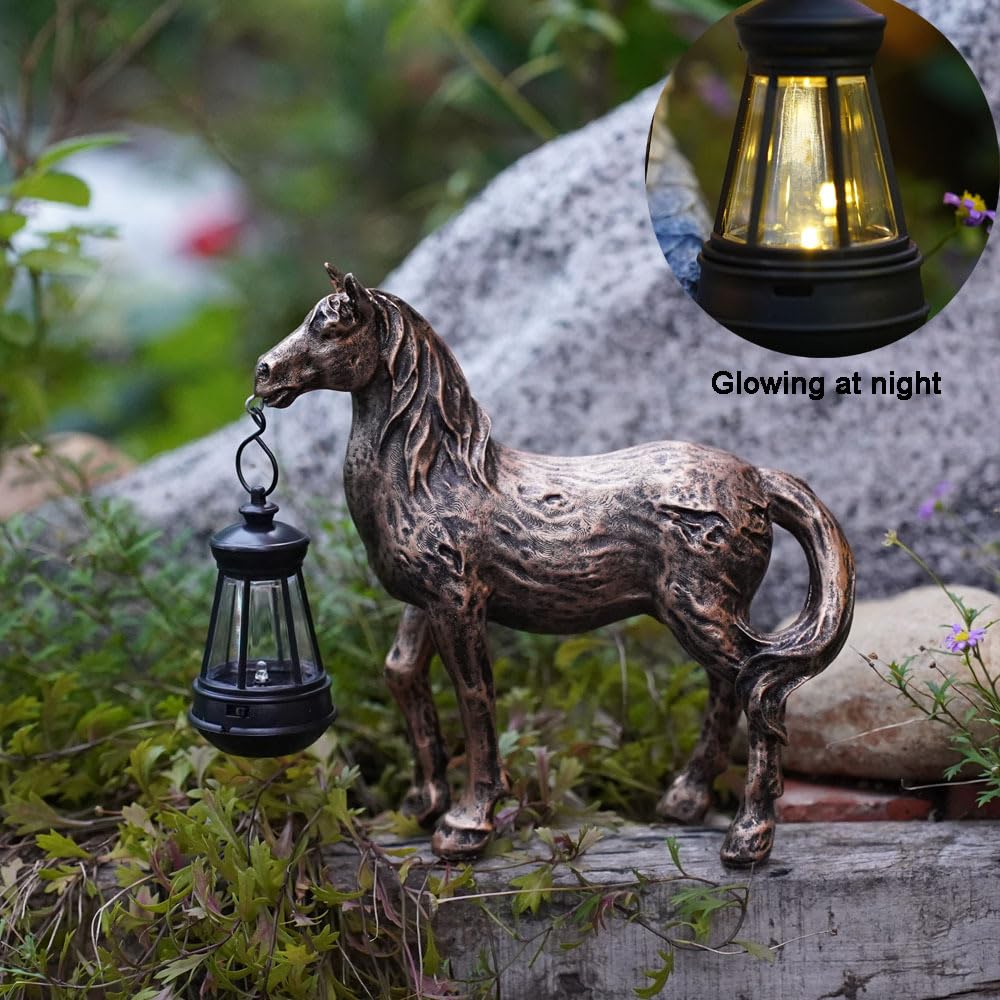 Fibroxify Solar Garden Horse Figurines, Horse with Solar Lantern, Whimsical Outdoor Indoor Decor, Grey