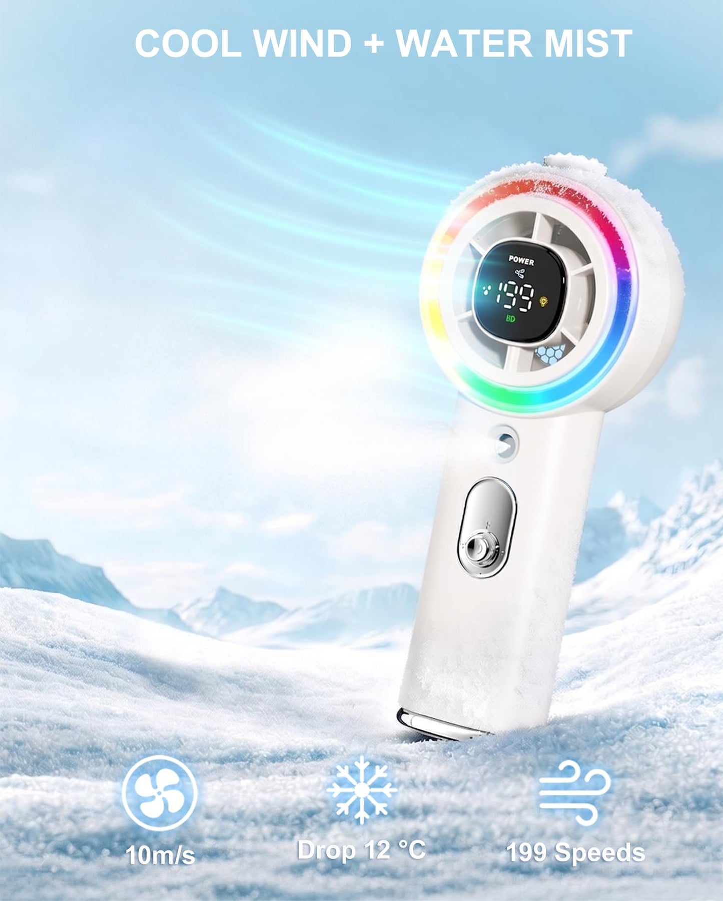 Portable Handheld Misting Fan with LED Lights, Personal Hand Mister Fan Water Spray, 15000RPM Mini Turbo Fans 4000mAh Rechargeable, Digital Screen