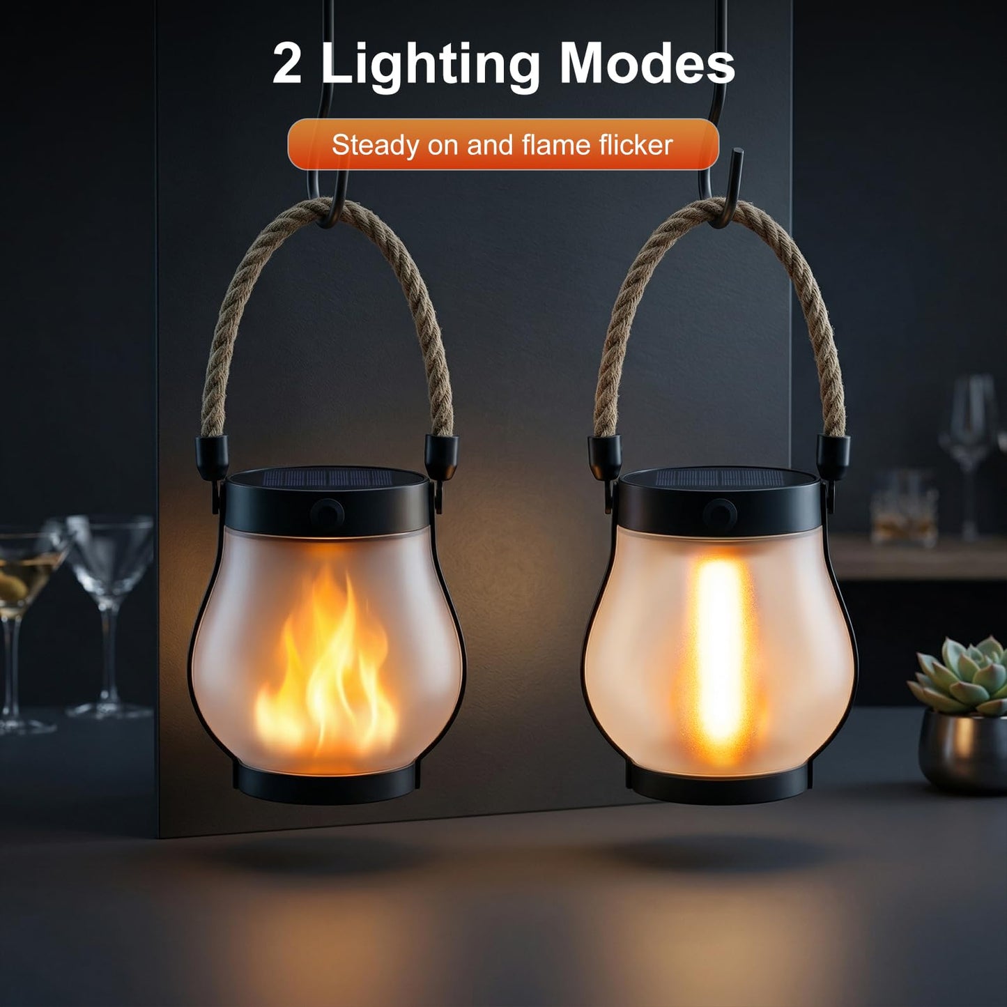 Solar Lanterns Outdoor Waterproof 4 Pack, Outdoor Solar Lanterns with Flickering Flame Effect, USB-C & Solar Charging, Auto Dusk to Dawn, Hanging