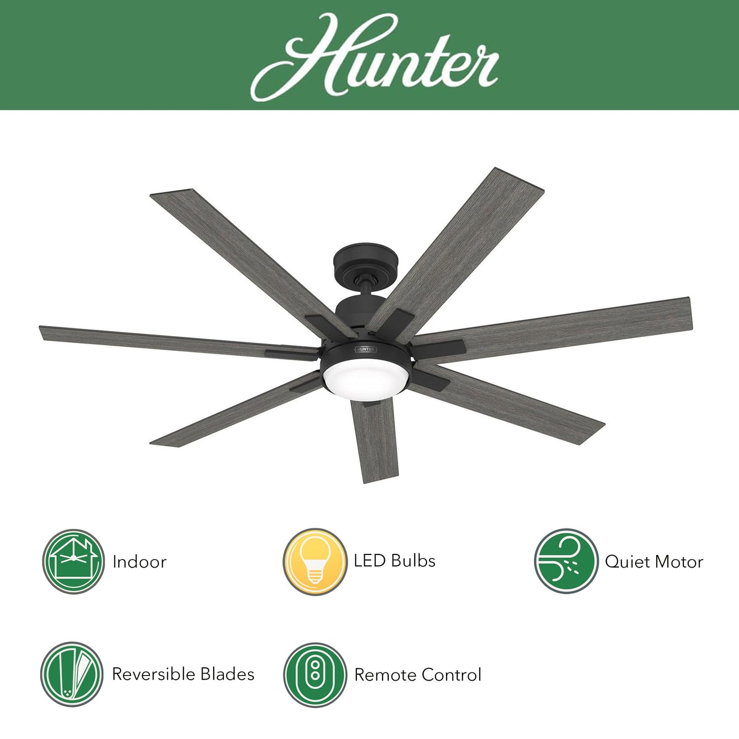 Hunter Fan 70 inch Matte Black Indoor Ceiling Fan with Light and Remote for Bedroom, Large Room/Great Room, Dining Room, Kitchen, Office (Renewed)