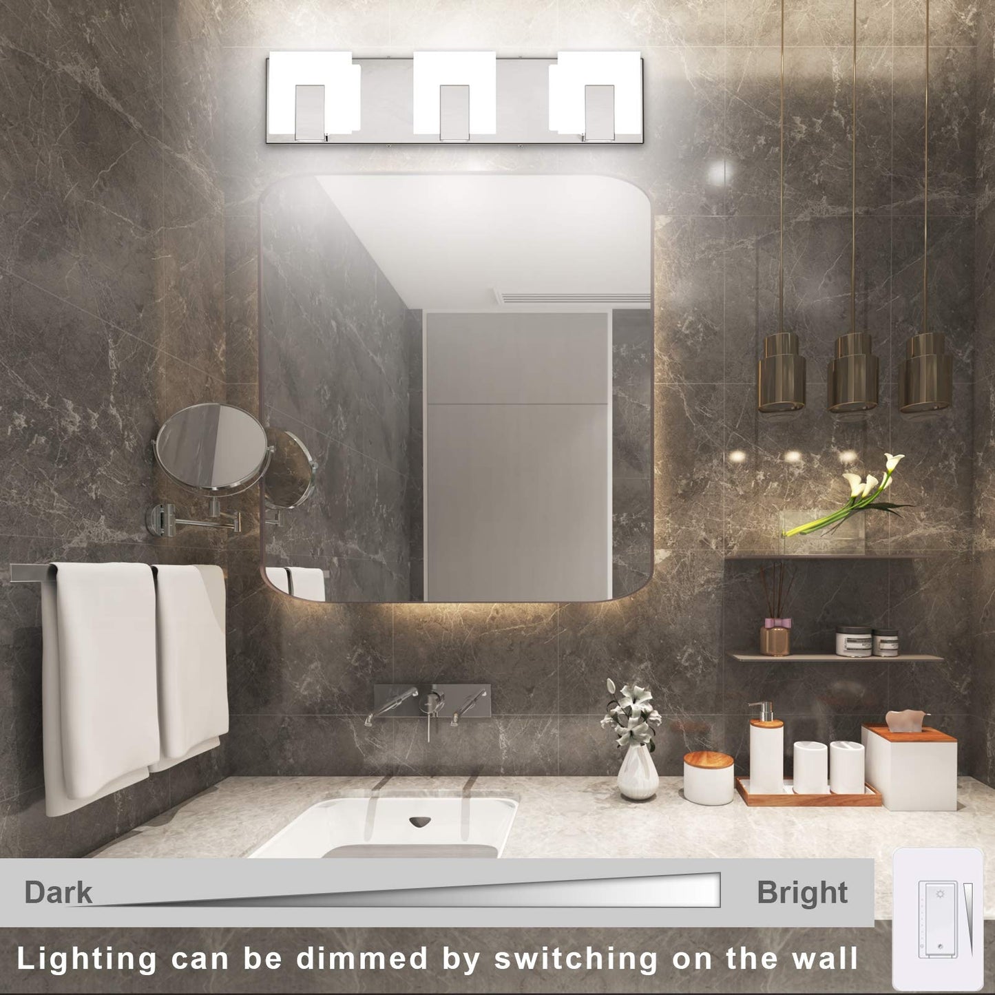 Aipsun 3 Lights Dimmable Modern LED Vanity Light for Bathroom Frosted White Acrylic Chrome Up and Down Bathroom Wall Light Fixtures Over Mirror(White