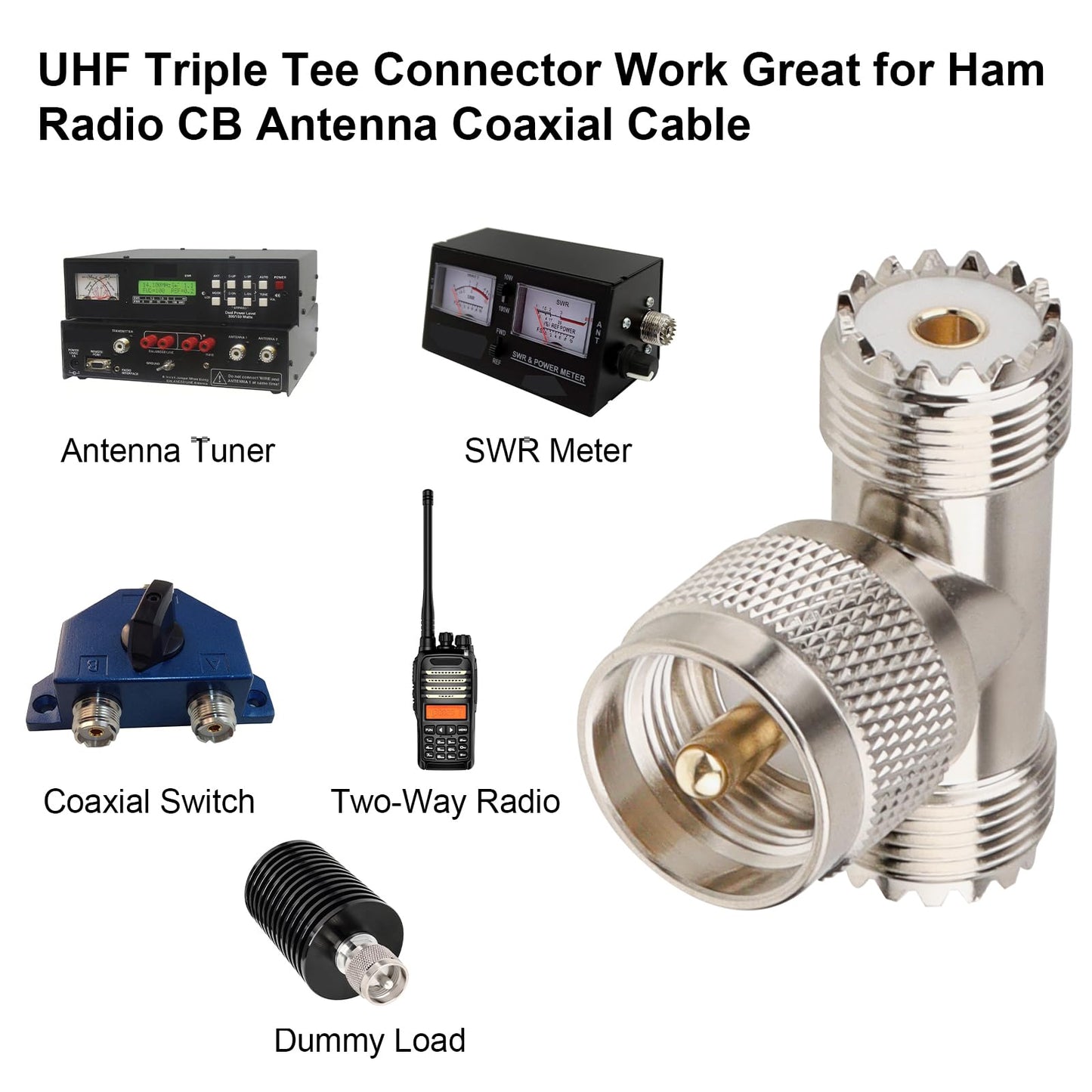 UHF Male to UHF Female T-Connector Adapter 2 PCS, PL259 to SO239 Coaxial RF Splitter for Antenna and Radio Systems