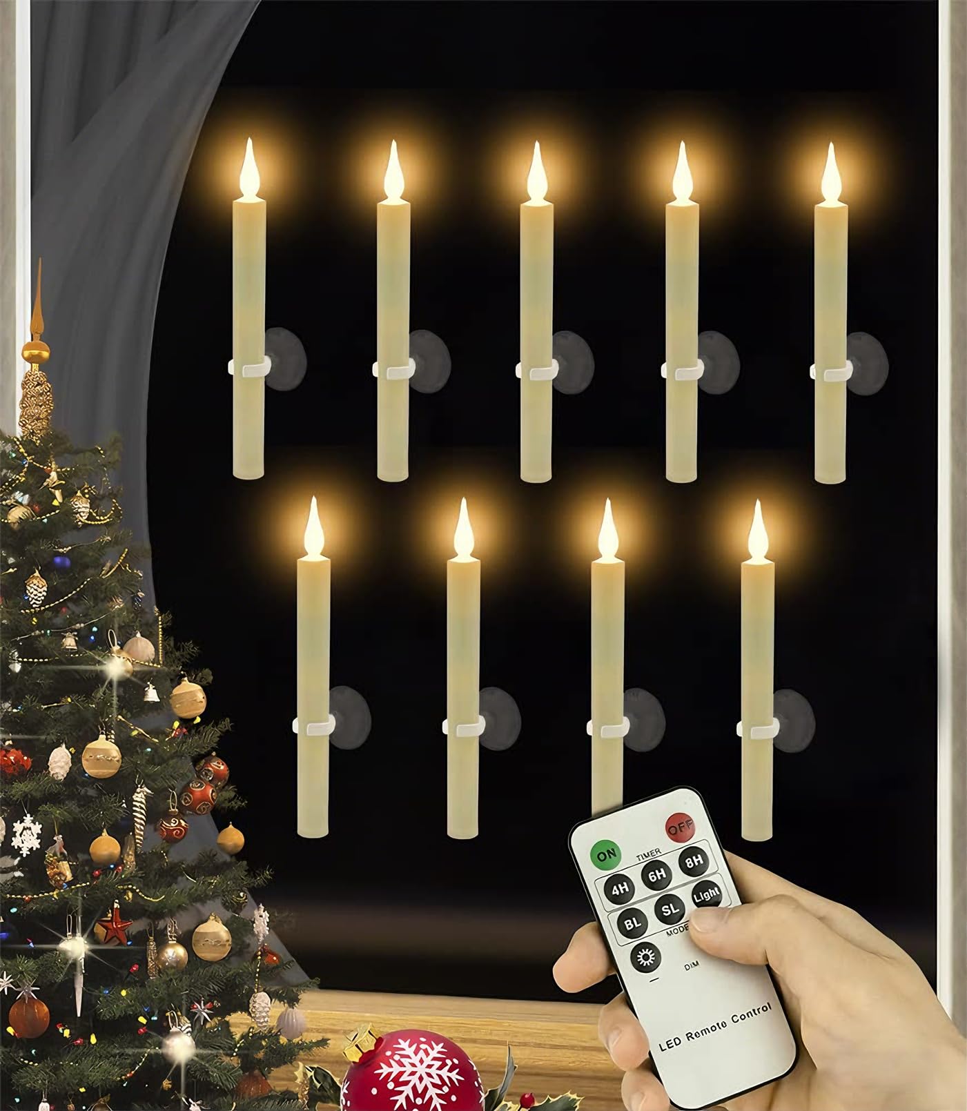 ABMTech Christmas Window Candles with Timer Remote, Flameless Candles with Suction Cup and Magnetic Base Battery Operated Flickering Taper Candle