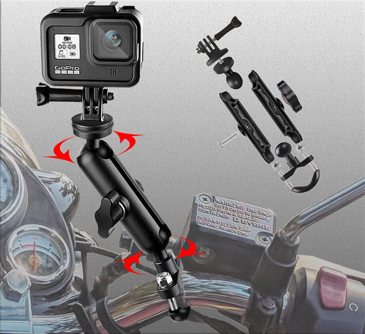 360°Motorcycle Camera Mount for GoPro Bike Holder Handlebar Mount Bracket 1/4 Metal Stand GoPro Hero10/9/8/7/6/5/4/3+ Action Cameras Accessory (Fits