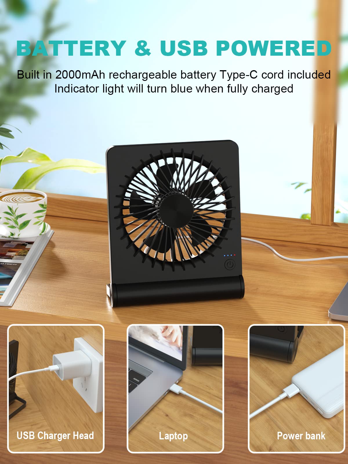 Desk Fan, Rechargeable Battery Operated, 3 Speeds Ultra Quiet Strong Wind