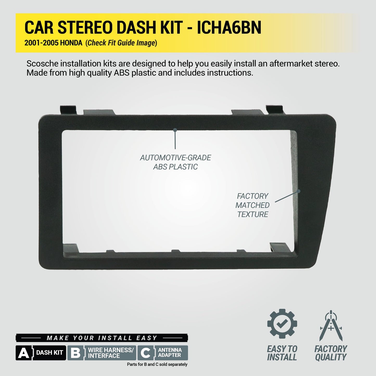 Scosche ICHA6BN Double DIN Radio Install Dash Kit Compatible with Select 2001-05 Honda Civic - Factory Radio Brackets Required - Complete Basic Car