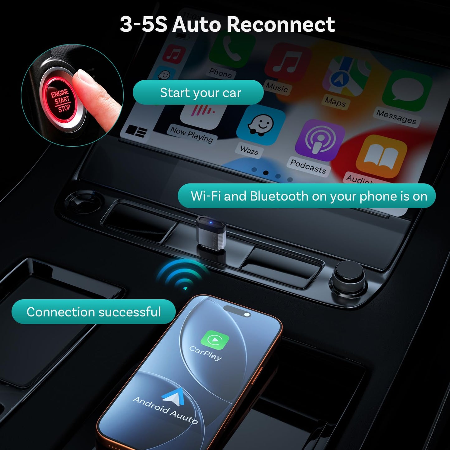 OTTOCAST Mini Nova 2-in-1 Wireless CarPlay & Android Auto Adapter, Plug & Play Convert Wired to Wireless, Fast Auto Connect, Mini USB Design
