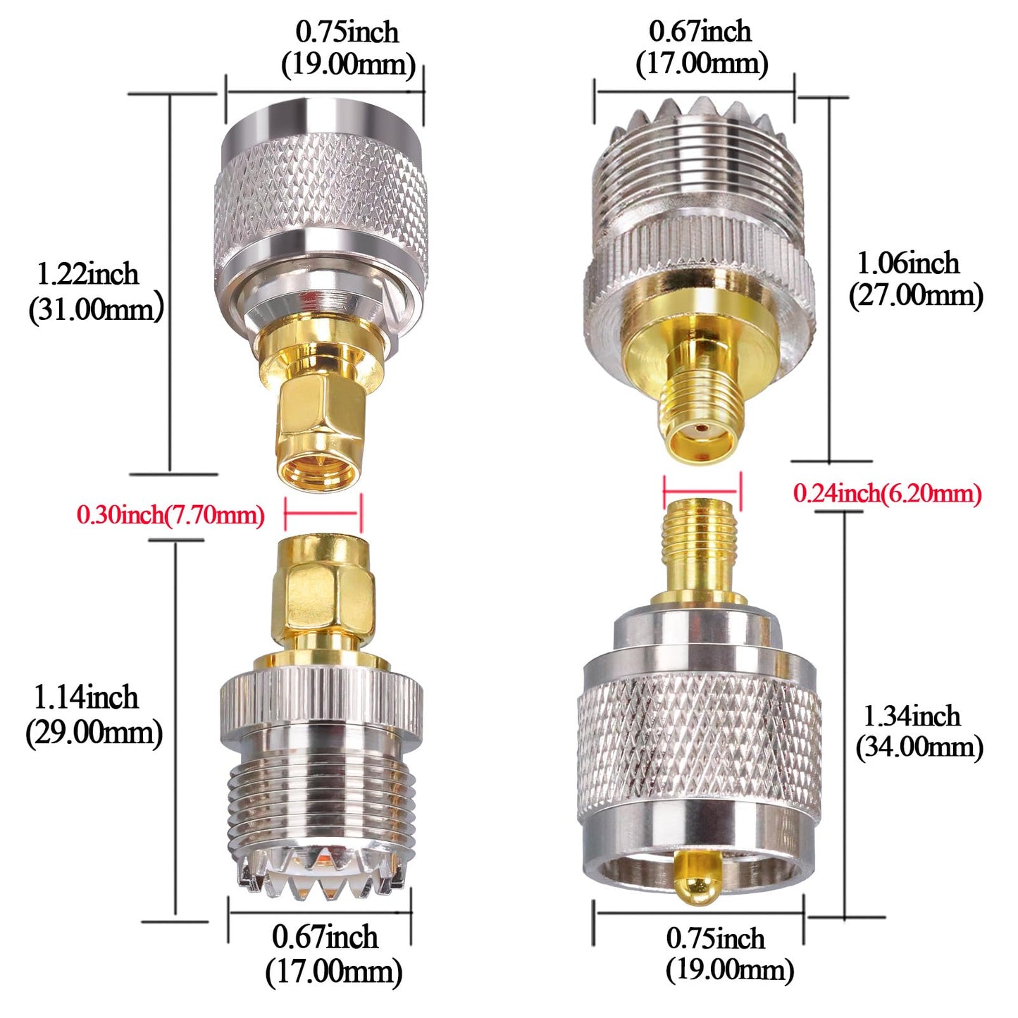 TUOLNK SMA to UHF PL259 CB Radio Antenna Adapter, PL259 to SMA Coax Cable Connectors, SO239 Coax Adapter Kit 4 Type Set for FPV Antennas, Coaxial