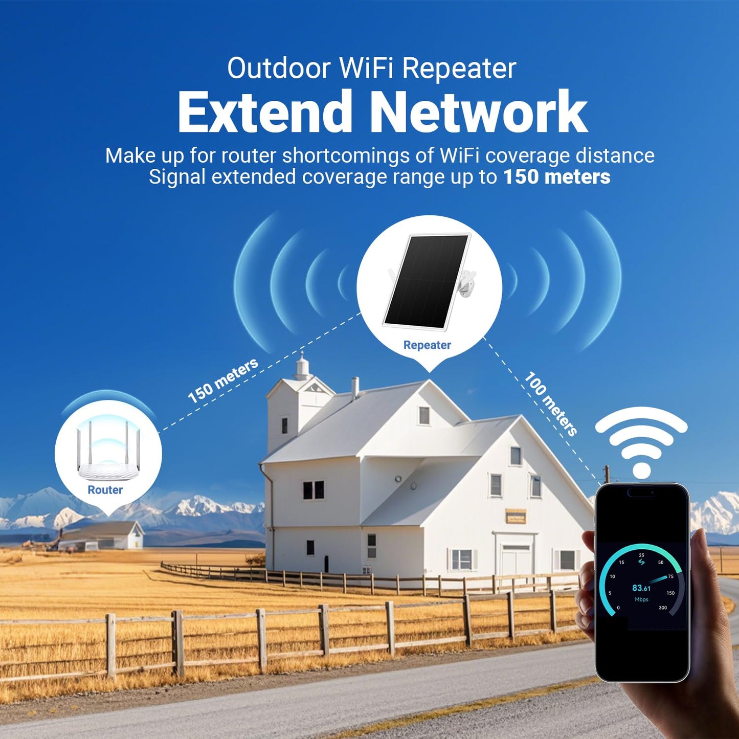 Orayafid Solar Outdoor Repeater,Weatherproof Wi-Fi Range Extender-2.4GHz Outdoor Wireless Internet Signal Booster with Solar Power+ 20000mAh