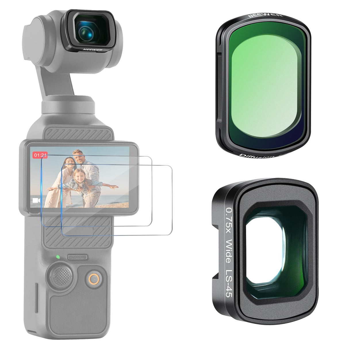 NEEWER 1/4 Black Diffusion Filter & Wide Angle Lens Compatible with DJI Osmo Pocket 3 Creator Combo Accessories, 108° FOV, Dreamy Cinematic Effect