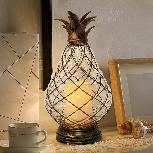 MOZEAL 13" Outdoor Glass Pineapple Lantern,Ip44 Waterproof,6 Hours Timer,Decorative Candle Lantern,with Flameless Candles,Battery Operated,for Front