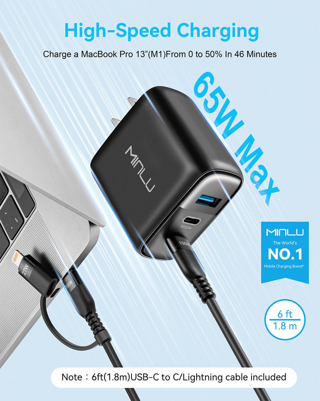 MINLU 65W USB C Charger Block,GaN 3-Port Compact Fast PPS Type C Wall Charger with 6Ft 100W 2 in 1 USB-C/L Cable,Fast Charging for MacBook