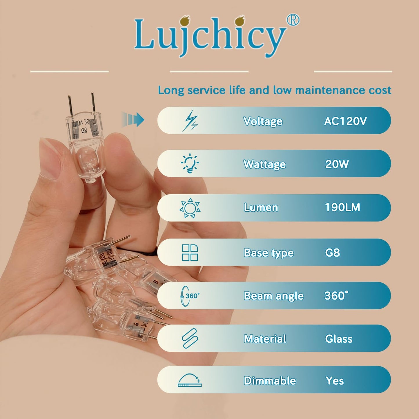Lujchicy G8 Bulb 20 watts 120 Volts Halogen Bulb, Double-pin Xenon Bulb, Warm White Adjustable Light Bulb (5 Pieces in a Pack)