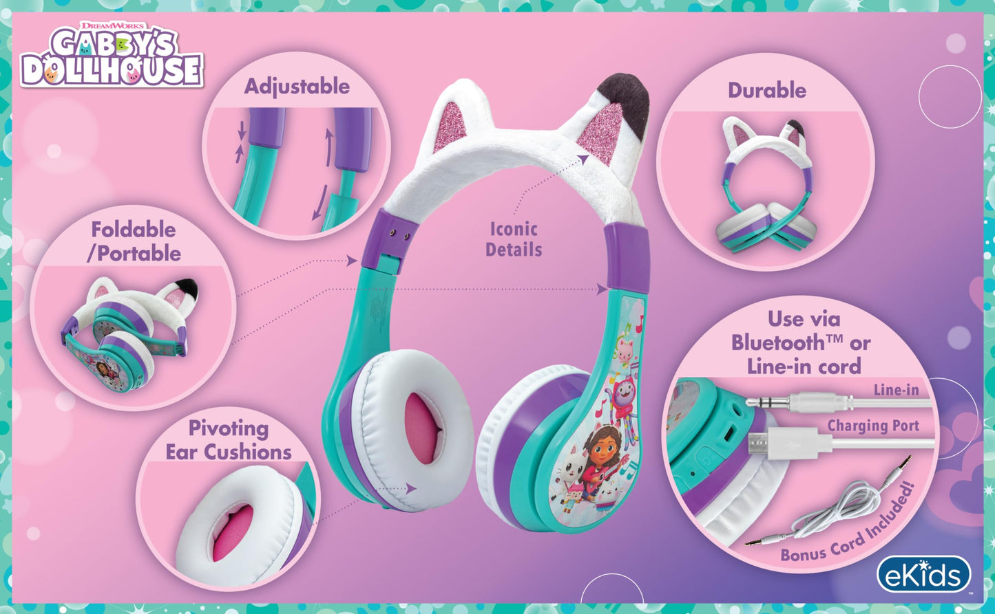 Gabbys Dollhouse Bluetooth Headphones for Kids, Wireless Headphones