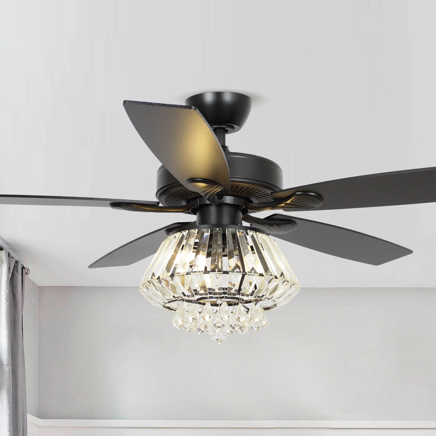 Vaczon 52'' Farmhouse Ceiling Fan with Light & Remote - Black Caged Fandelier Style, Crystal Chandelier with 6 Speeds,Reversible Motor