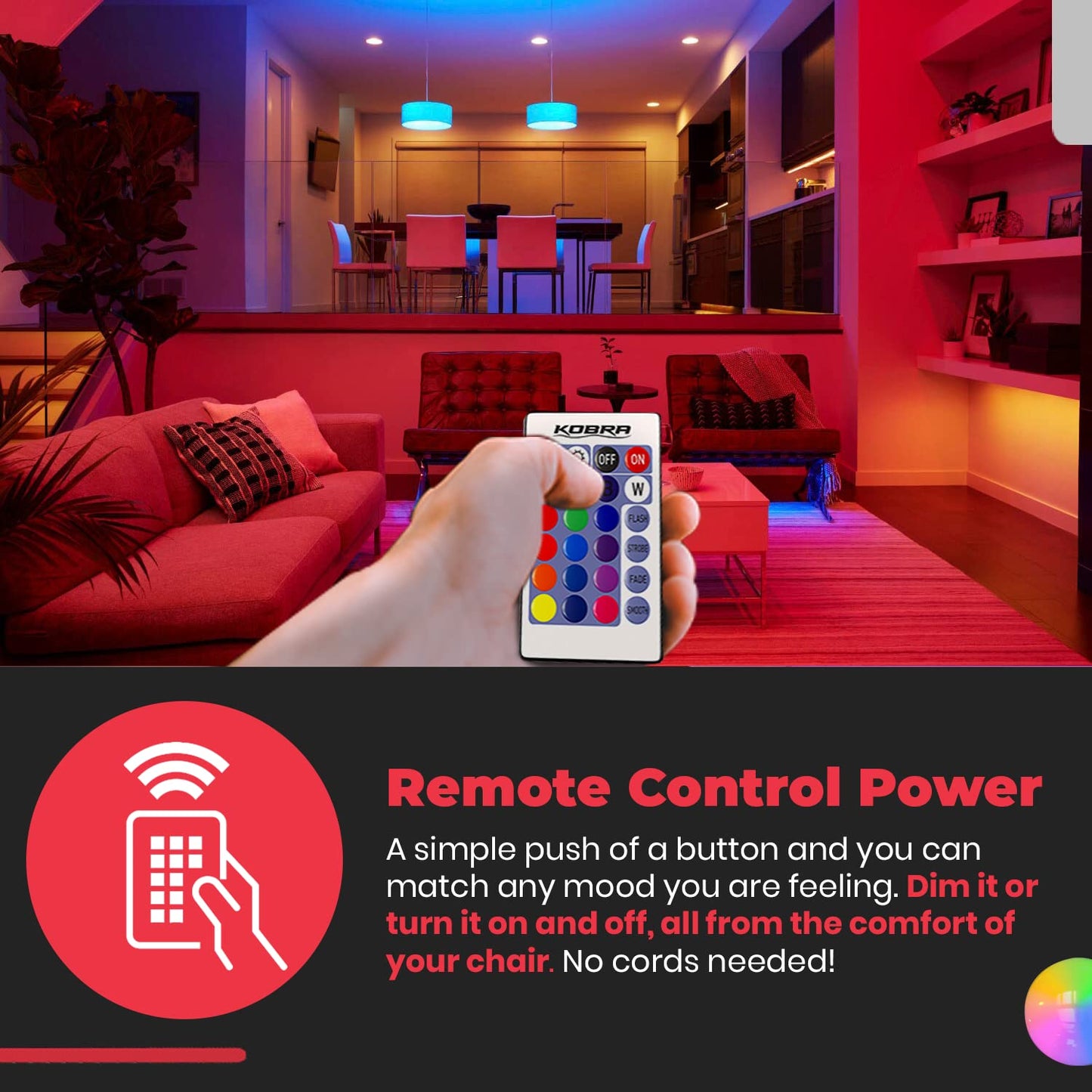 Kobra LED Color Changing Light Bulb with Remote Control - 16 Different Color Choices Smooth, Fade, Flash or Strobe Mode - Smart Remote Lightbulb - RGB