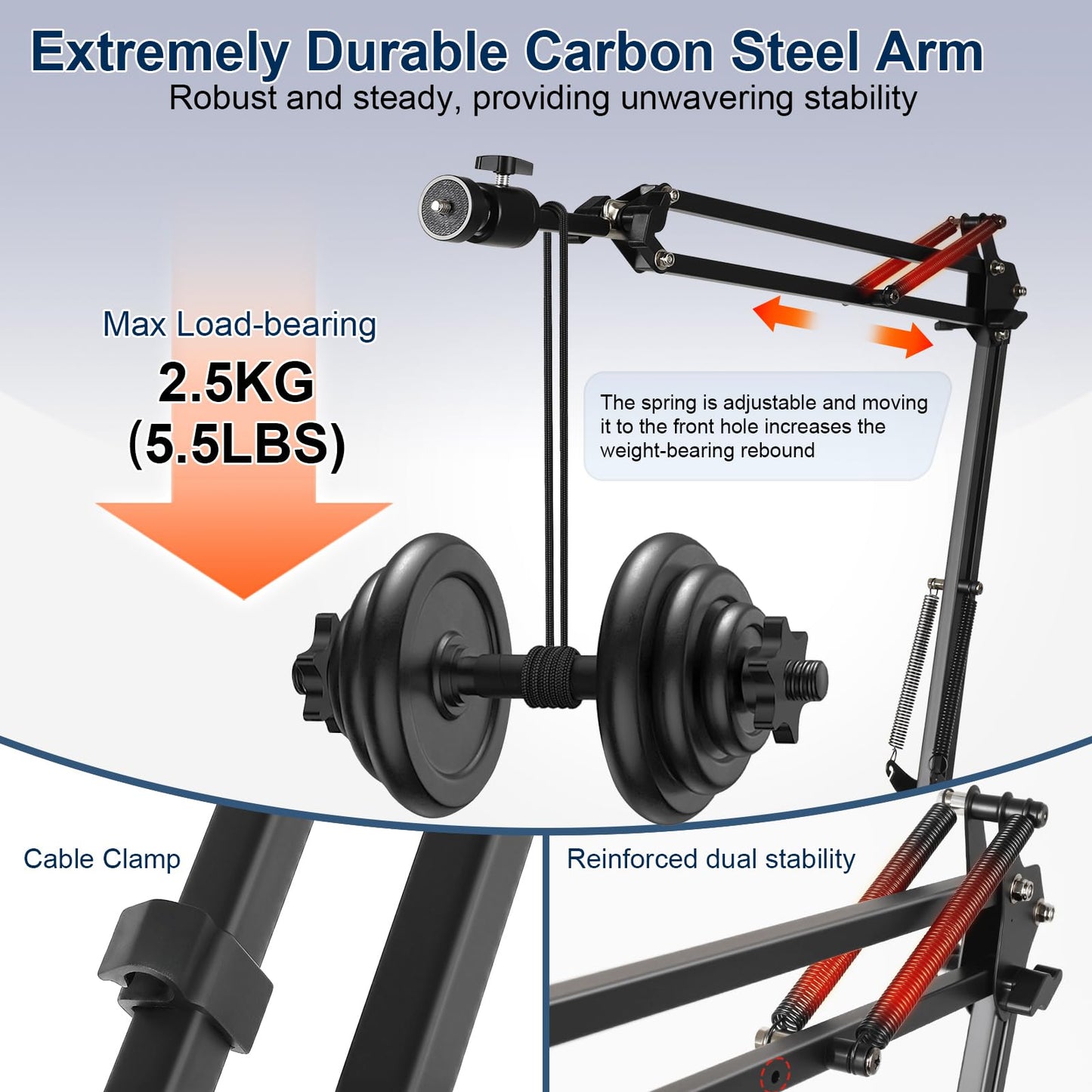 juttilax Overhead Camera Mount,Camera Desk Mount with 360° Adjustable Arm and Phone Holder,Max Load-Bearing 5lb,Desk Clamp Stand for Content Creation