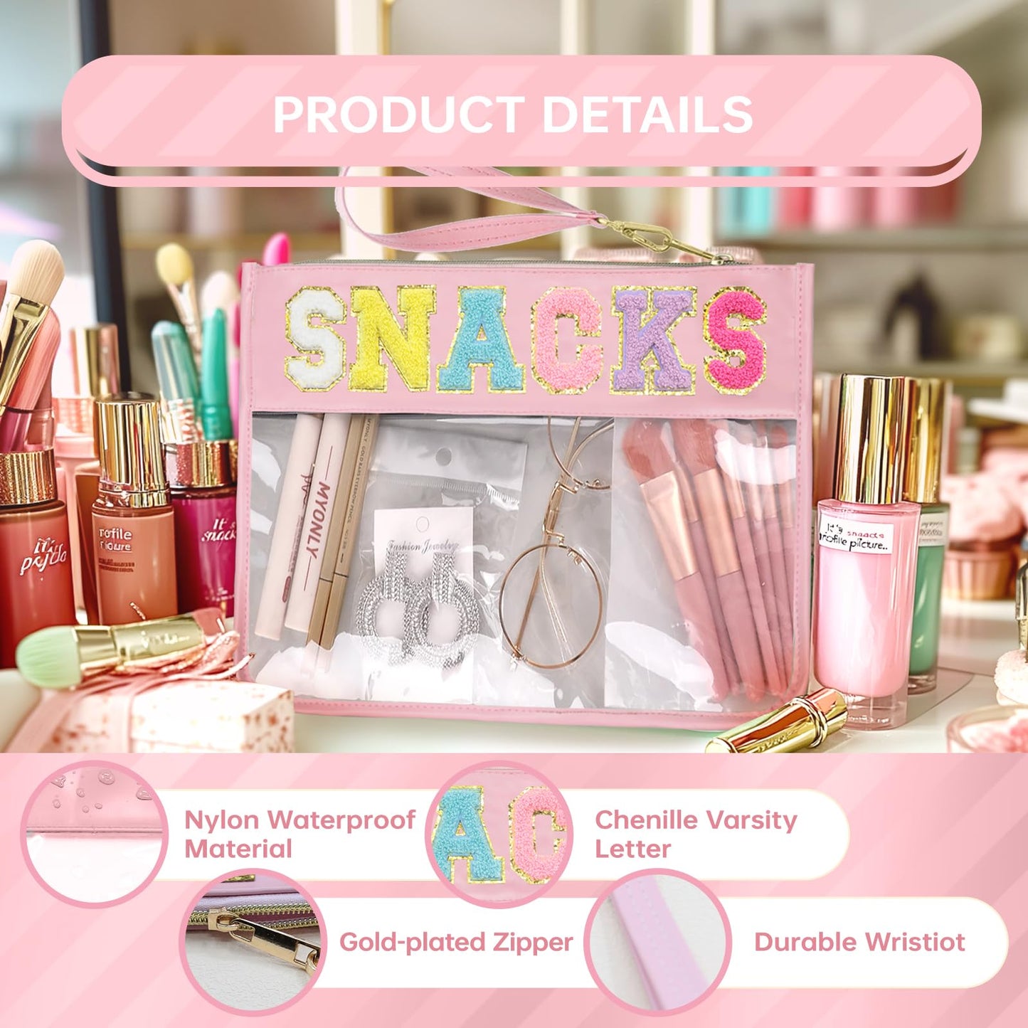 Siwara Clear Snack & Makeup Bag – Waterproof Nylon Cosmetic Pouch, Portable Glitter Travel Toiletry Organizer for Women & Girls