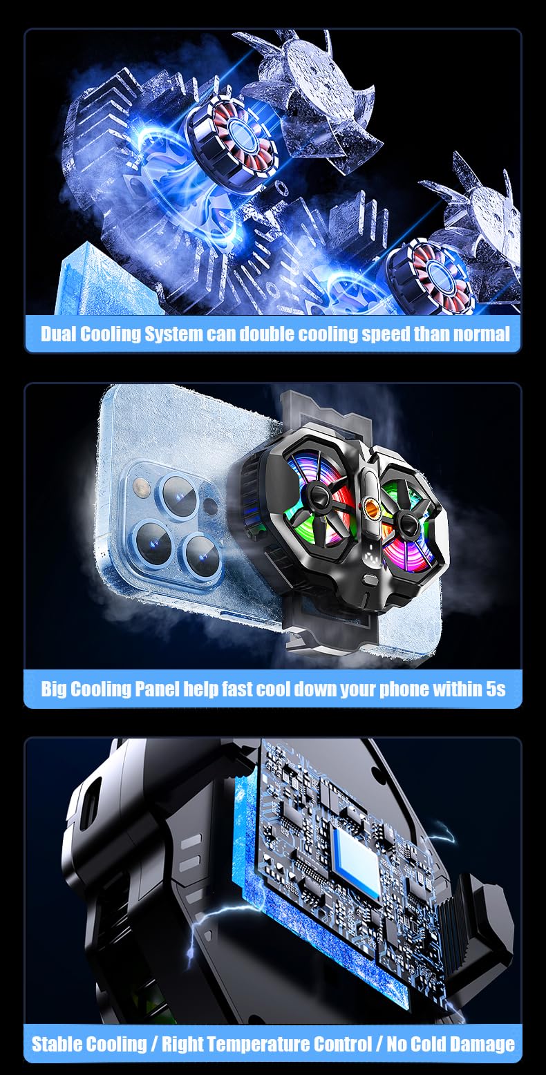 Mikirini Mobile Phone Cooler with RGB Backlight and Temp Display, Cellphone Cooling Fan with Dual Semi-Conductor Cooling Chip, Compatible
