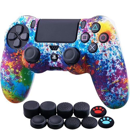 YoRHa Water Transfer Printing Camouflage Silicone Cover Skin Case for Sony PS4/slim/Pro Dualshock 4 Controller x 1(Spashing Paint) with Thumb Grips x
