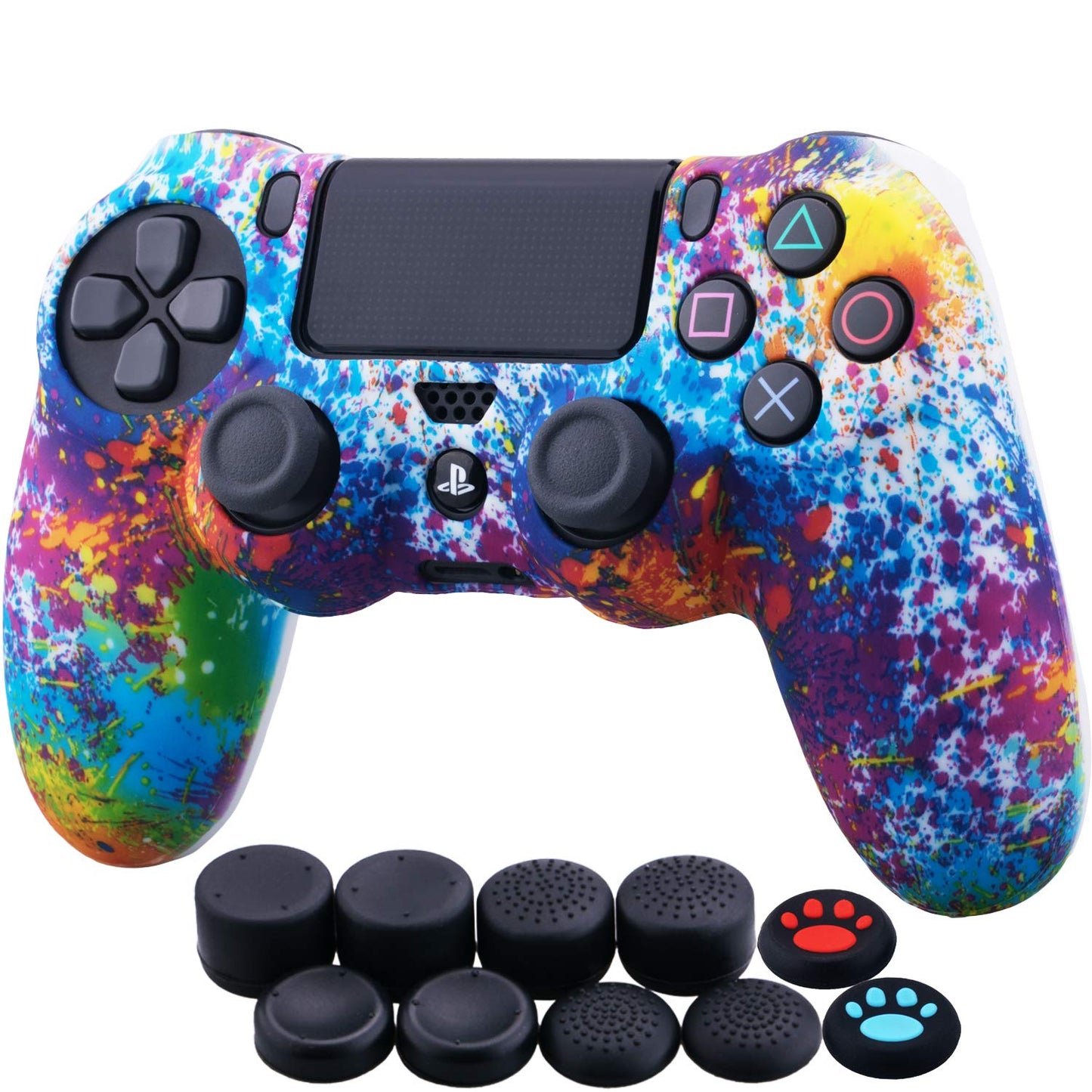 YoRHa Water Transfer Printing Camouflage Silicone Cover Skin Case for Sony PS4/slim/Pro Dualshock 4 Controller x 1(Spashing Paint) with Thumb Grips x